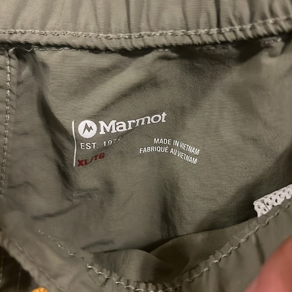 Marmot women’s Olive Athletic Shorts with Yellow Drawstring - Picture 2 of 3